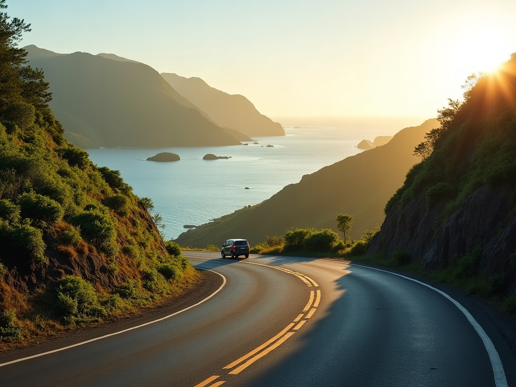 Coastal road from Komodo Airport toward the resort coast of Labuan Bajo at golden hour